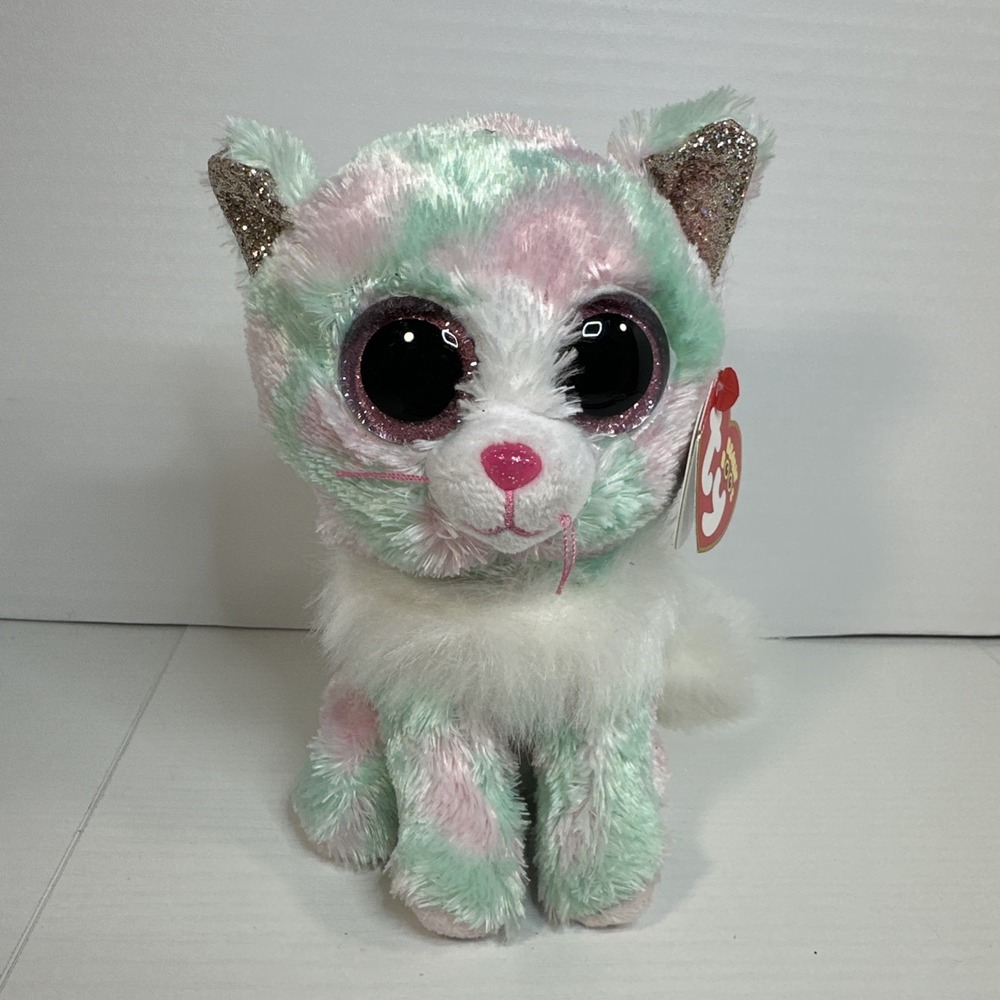 Ty Beanie Boos Opal Cat Plush 6" Pink Mint Glitter Eyes Stuffed Animal
